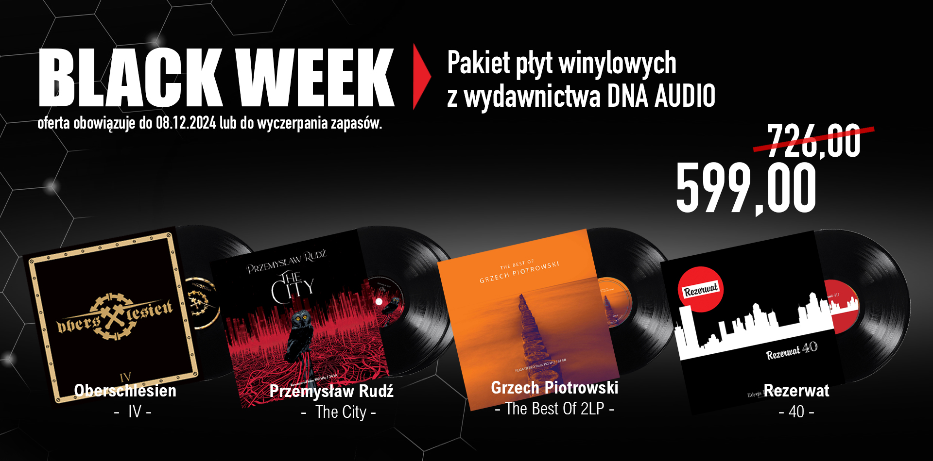 Pakiet płyt winylowych z wydawnictwa DNA AUDIO za 599 PLN (zamiast 726 PLN) - DNA003: Rezerwat - 40 LP - DNA006: Grzech Piotrowski - The Best Of 2LP - DNA008: Przemysław Rudź - The City LP - DNA009: Oberschlesien - IV LP